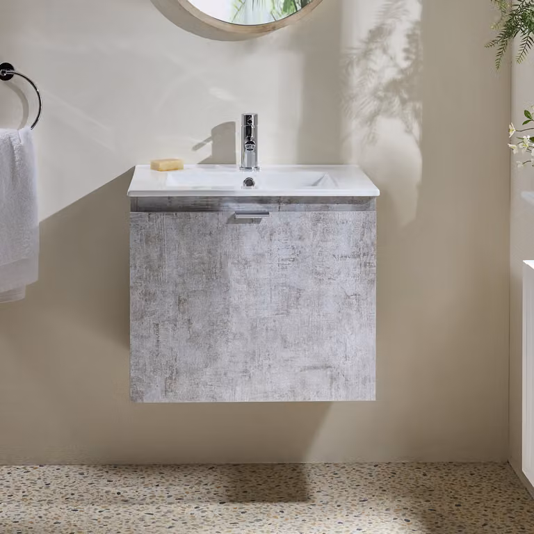 Mobile Bagno Grigio Cemento Sospeso da 600mm con Lavabo e Maniglia con Impugnatura a Dito Cromate - Cluo
