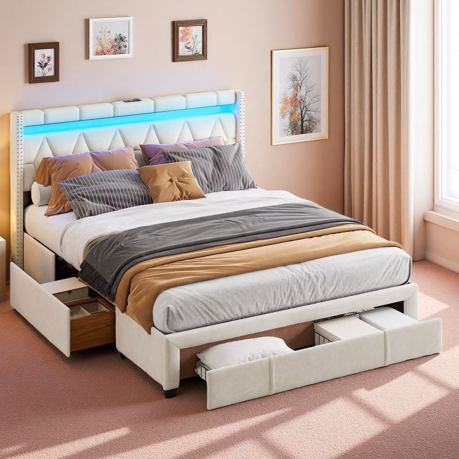 UnboxG Letto imbottito 140x200 cm Tessuto beige con vano contenitore, testiera LED e funzione di ricarica USB, letto matrimoniale con 4 cassetti e rete a doghe