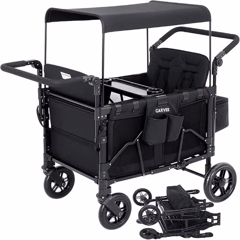 Carrello per bambini a 4 posti - Passeggino da fuoristrada - Pieghevole - Maniglia per spingere e tirare - Ruote orientabili a 360° - Tettuccio parasole regolabile - Cintura a 5 punti - 3-6 anni