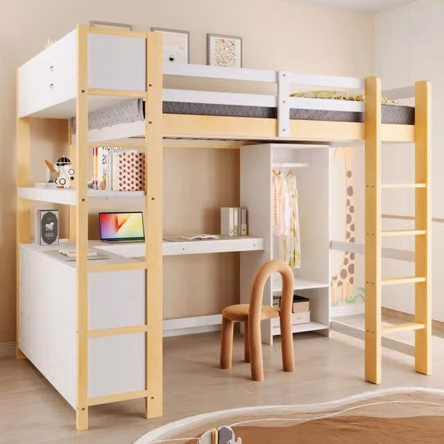 Letto a soppalco 140x200 cm con scrivania; ripiani e armadio