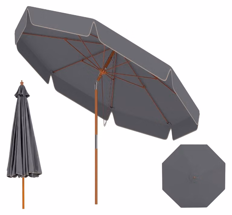 KOMFOTTEU 300 CM Ombrellone da giardino, grande ombrellone ondulato con inclinazione regolabile di 30° tramite pulsante, ombrellone da mercato con palo in legno di faggio e 8 stecche in fibra di vetro, ombrellone a braccio per terrazza, patio, piscina, sp