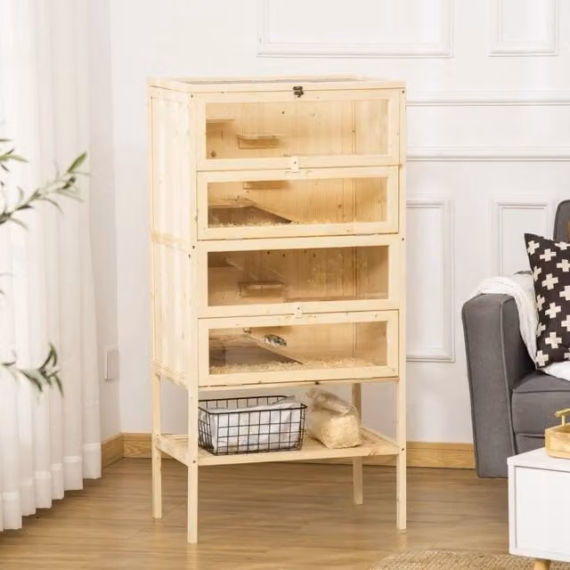 Gabbia per criceti in legno a 5 piani con tetto a griglia e scale, 60x40x120 cm, legno naturale