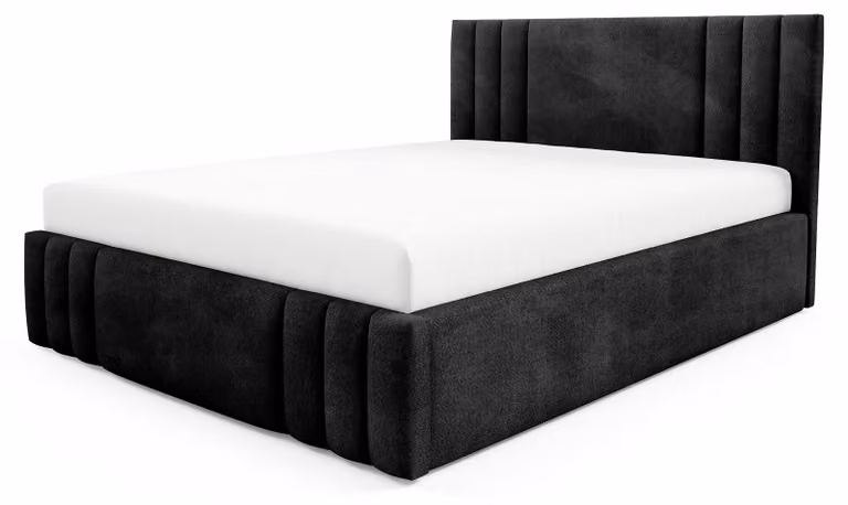 Letto imbottito con contenitore e falda, colore nero vulcanico, dimensioni 180 x 200 cm