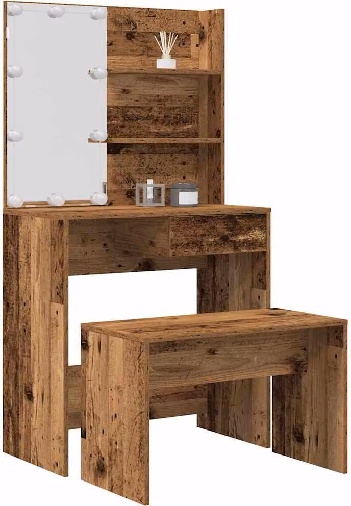 Set Tavolo da Toeletta con LED Legno Antico Legno Multistrato