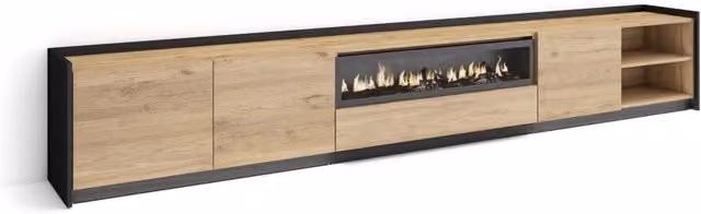 Mobile TV Soggiorno, 310x50x37 cm, Per TV fino a 80", Camino elettrico, LED, Rovere e nero