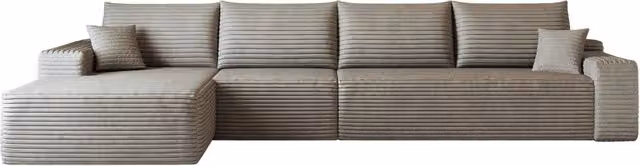 Divano modulare angolare 340 cm con chaise longue a L in tessuto a coste color cammello, senza montaggio richiesto