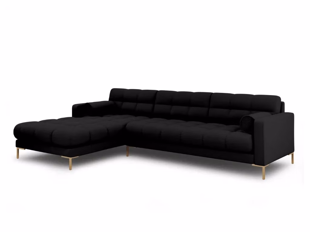 Divano angolare sinistro Bali di Cosmopolitan Design in tessuto nero e dettagli oro, 5 posti – 2