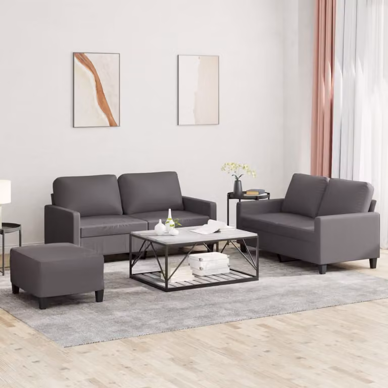 Set di divani 3 pezzi vidaXL in similpelle grigia con cuscini per soggiorno moderno