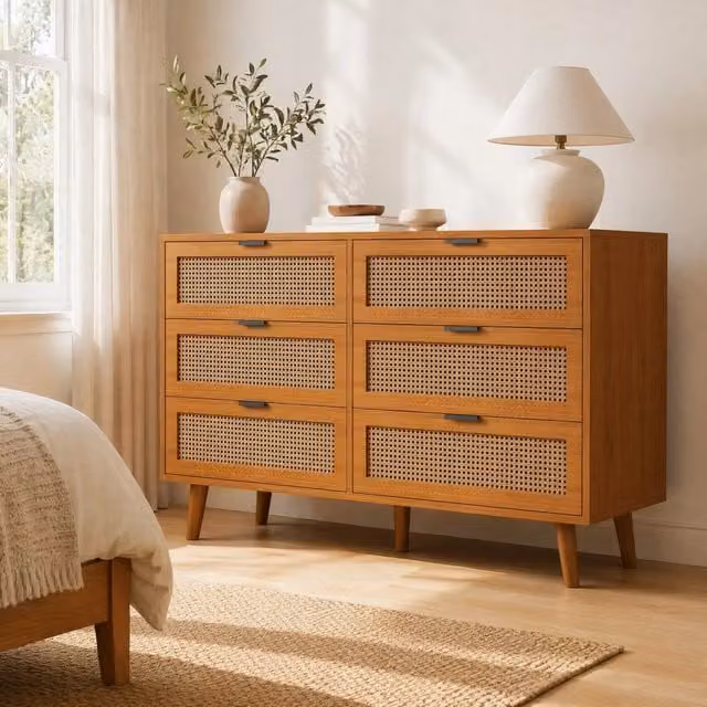 קומודino a 6 cassetti in stile retrò con effetto rattan, 120 x 40 x 76,5 cm, noce