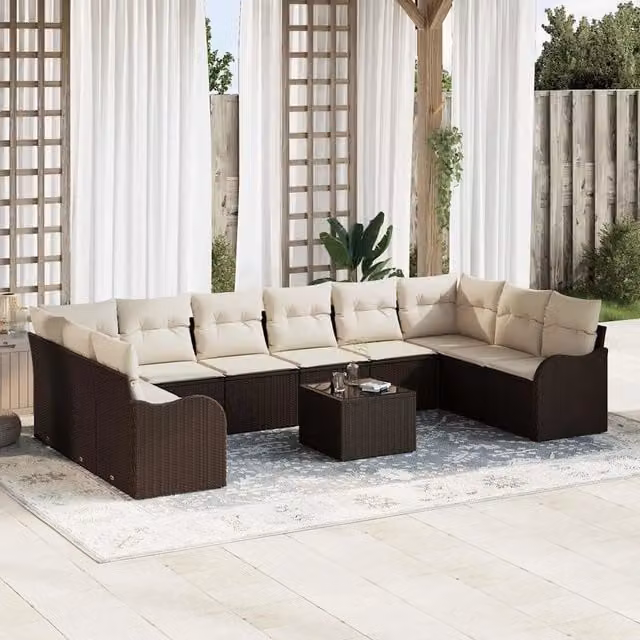 Set Divano da Giardino 11 pz Marrone e bianco polyrattan 3354557