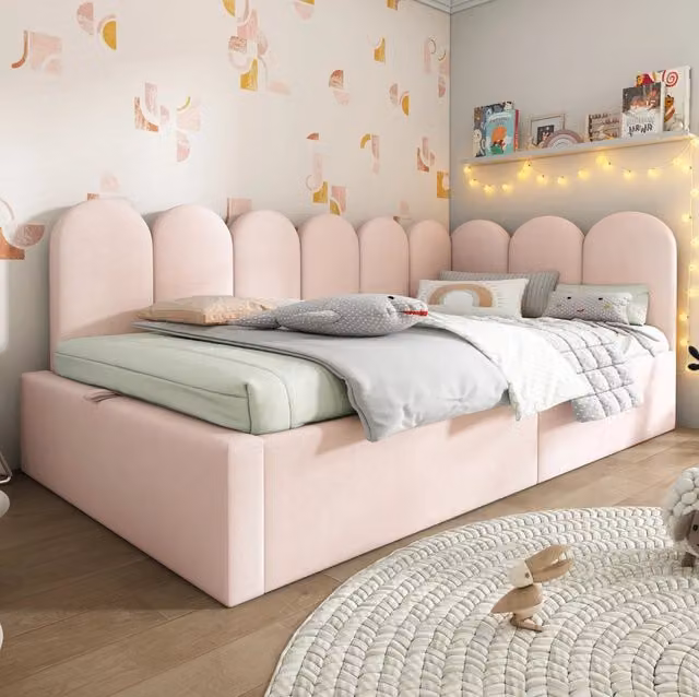 Letto giorno 90x190 cm in velluto rosa con contenitore idraulico e rete in metallo