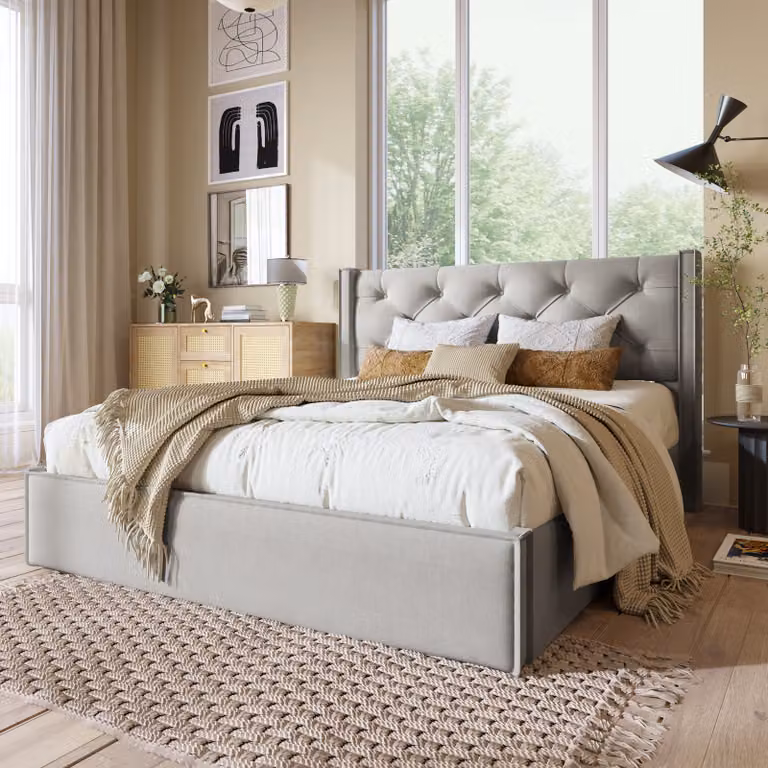Letto a molle Sweiko Letto imbottito con testiera e rete a doghe, funzione contenitore letto 140x200cm, cotone, grigio chiaro (senza materasso)