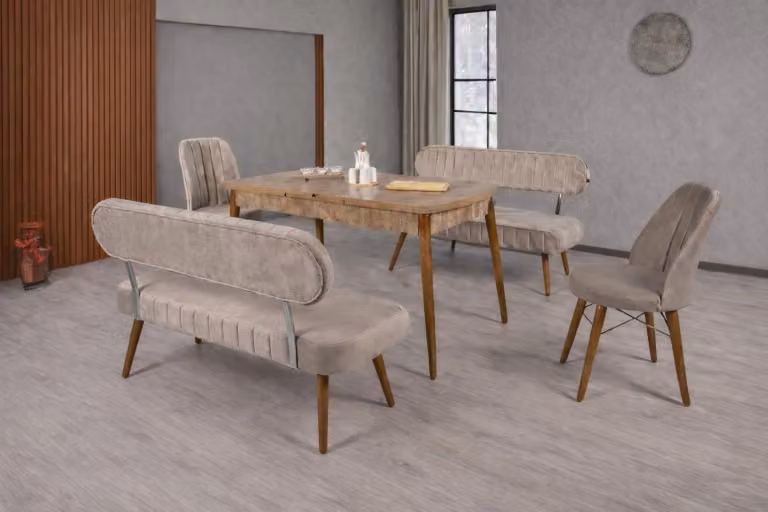 Tavolo da pranzo, 2 sedie, panca con schienale, stile moderno, colore marrone