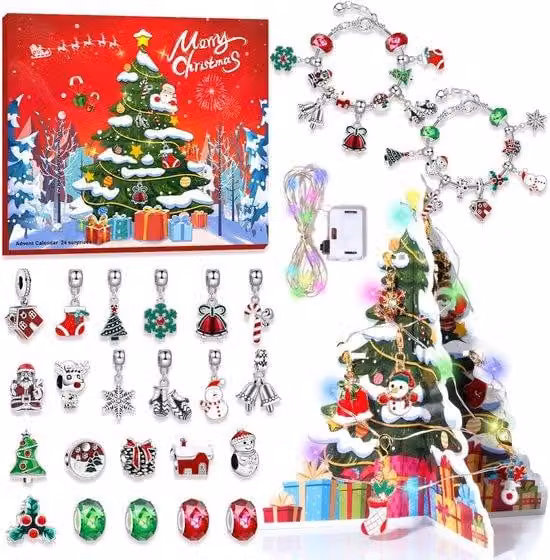 Kit per creare un calendario dell'Avvento natalizio fai-da-te, con braccialetto a sorpresa e luci per l'albero di Natale, ideale per la decorazione della casa