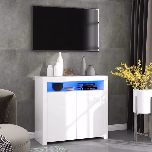 Credenza e madia moderna OKWISH in MDF bianco lucido con illuminazione LED e USB, L: 108 cm, P: 40 cm, H: 92 cm