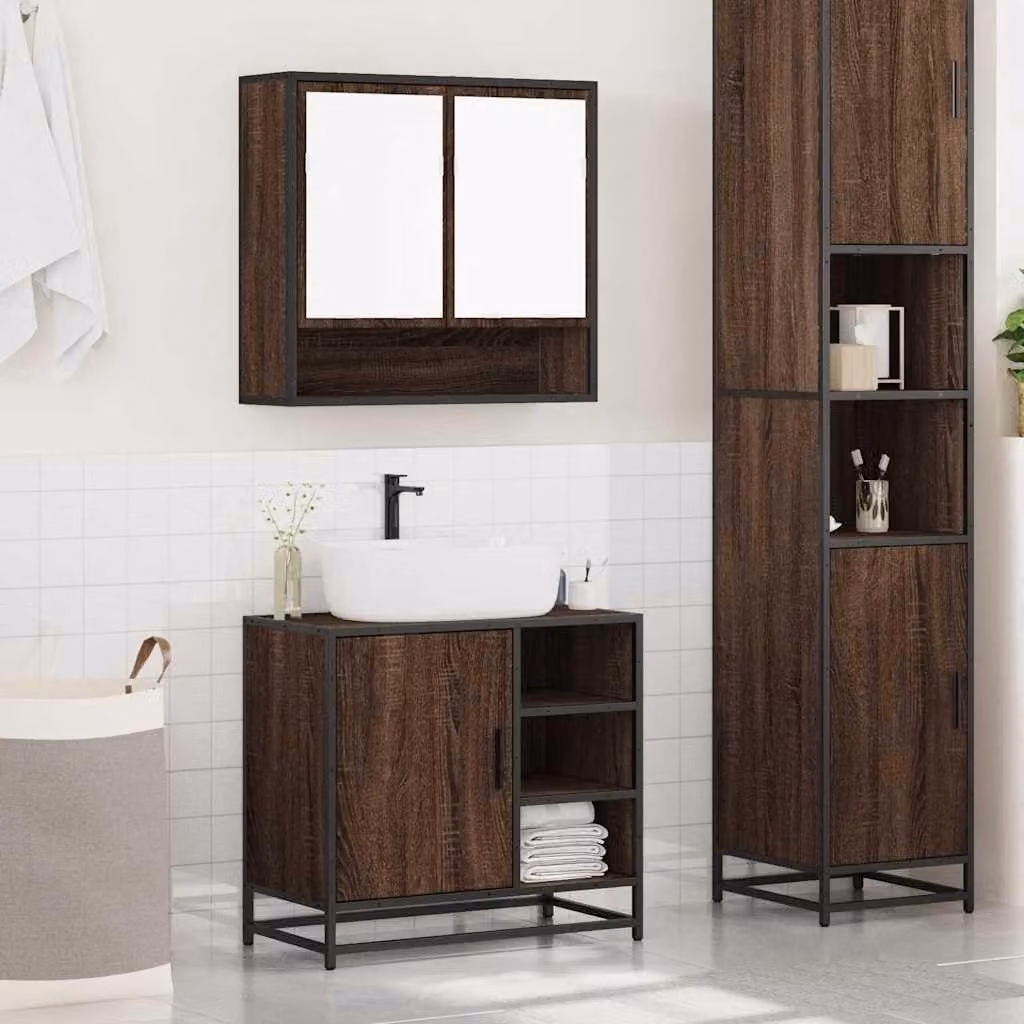 Set di mobili da bagno - Mobile sotto lavabo - Mobile specchiera - Armadietto da bagno - Mobile contenitore - Finitura effetto legno noce