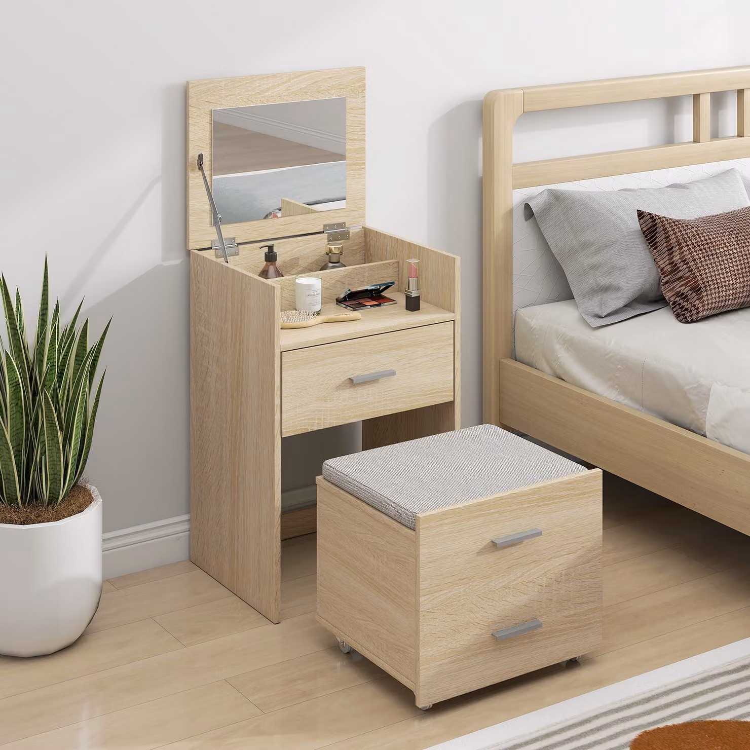 Postazione Trucco HOMCOM con Specchio a Ribalta e Design Moderno, Colore Naturale Beige e Marrone – 2