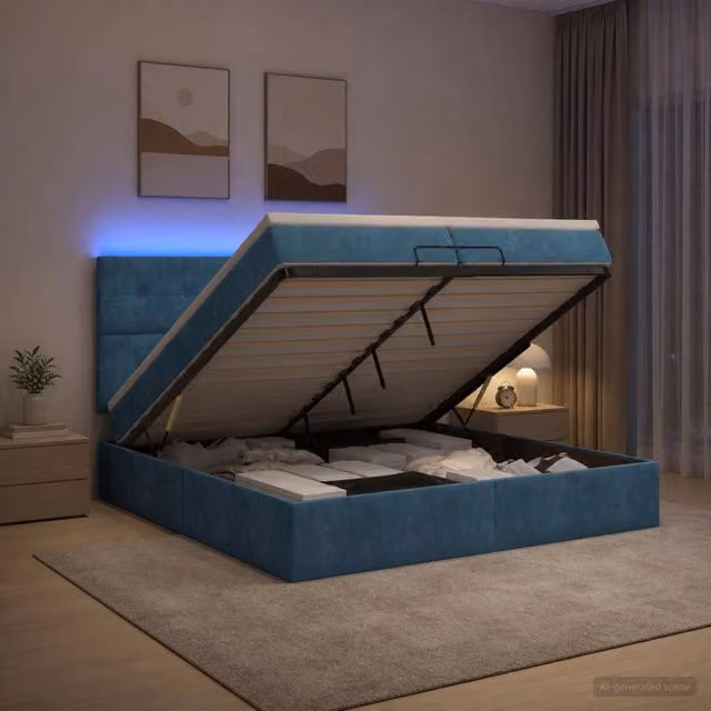 Letto Ottomano con Materasso Ibrido e Illuminazione LED vidaXL, Blu Scuro e Bianco, L/P/H: 200 x 200 x 88 cm – 1