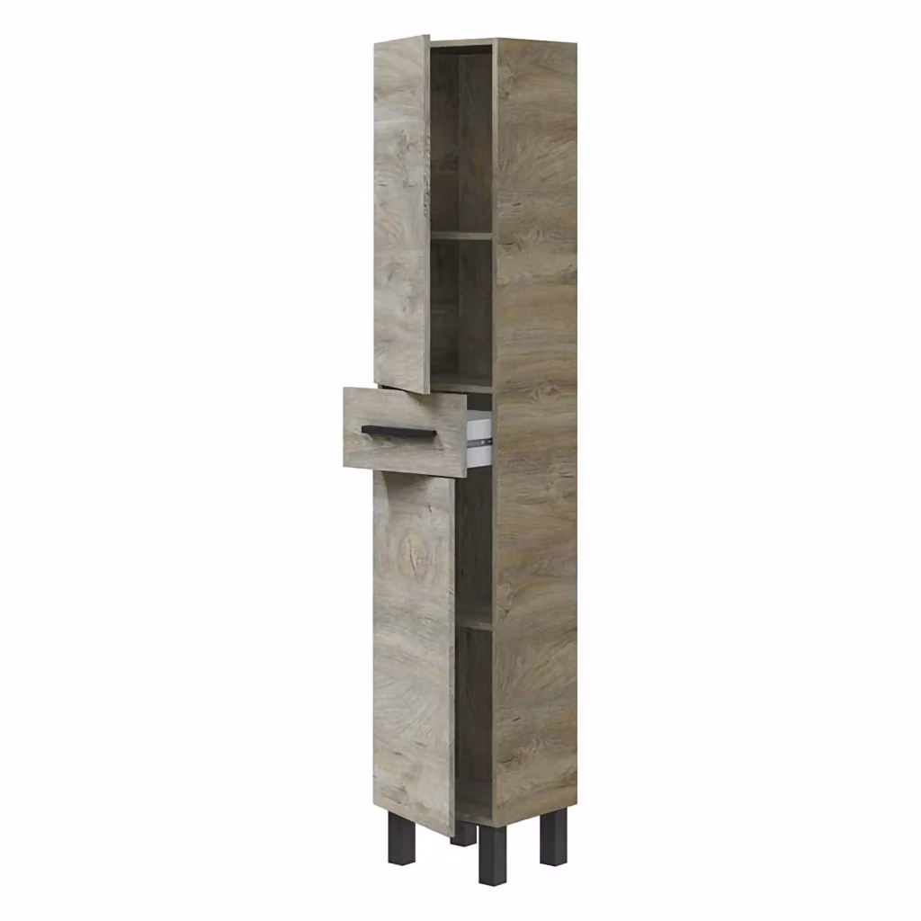 Mobile Colonna DMORA con Cassetto e Ante, Marrone Rovere e Grigio, L: 35 cm, P: 31 cm, H: 182 cm – 2