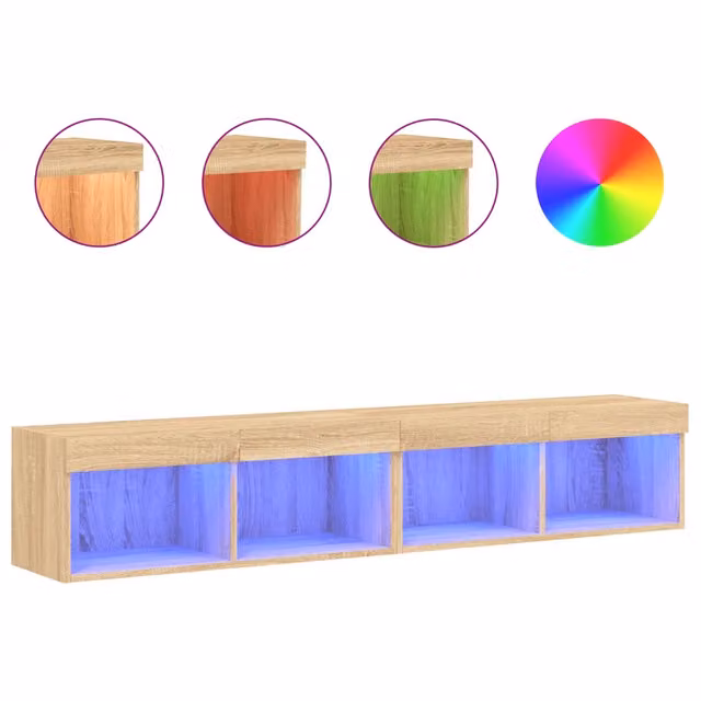 Set di 2 Mobili TV Moderni con Luci LED Integrate e Compartimenti Media, Colore Rovere e Beige, L/P/H: 80 x 30 x 30 cm