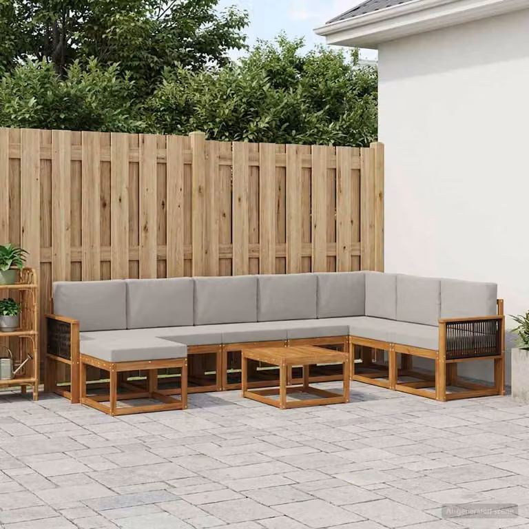 vidaXL Set di divani da esterno a L in legno di acacia con tavolino e pouf, 9 pezzi, Marrone e Grigio Chiaro