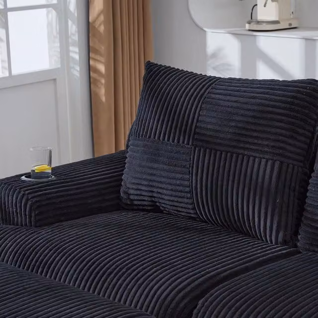 Divano 2 posti ¨C Minimal ¨C nero tessuto con poggiapiedi e tasche portaoggetti