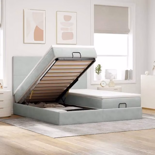 Letto con contenitore a sollevamento vidaXL in velluto grigio e bianco con illuminazione sottostante e porta USB, L/P/H: 180 x 203 x 128 cm