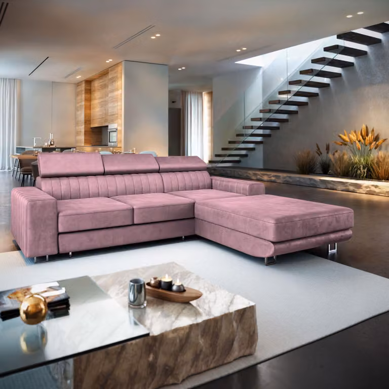 Divano angolare Masseno NOTO R-S con funzione letto a L, divano con box letto, divano da soggiorno, divano, divano letto, set di divani - viola, MONOLITH 62