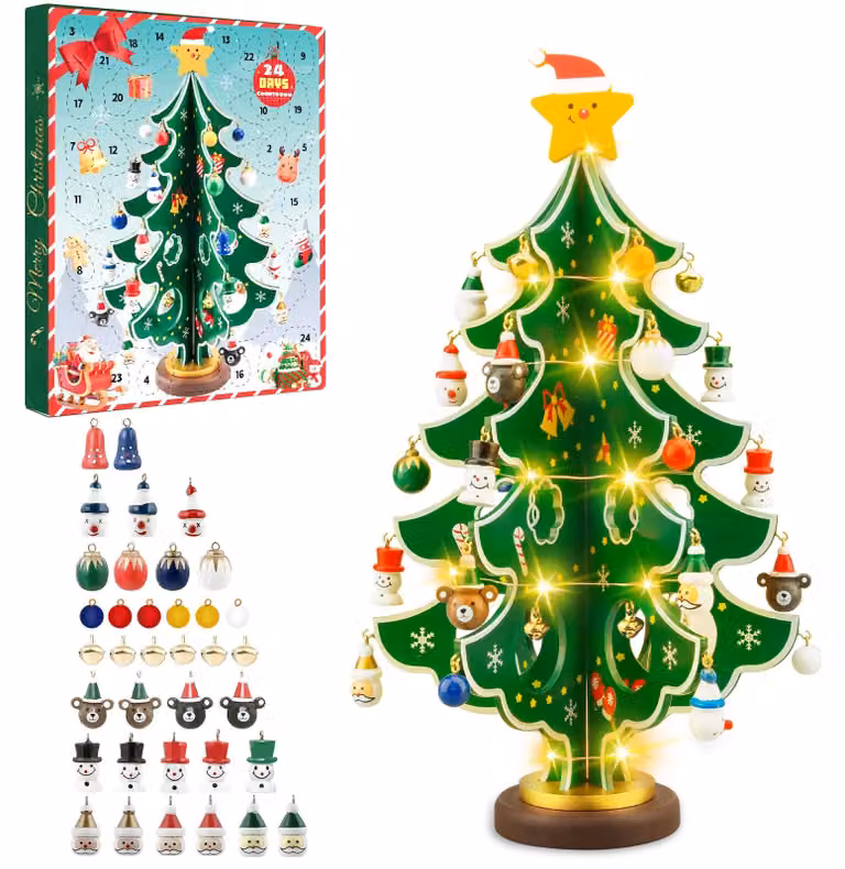 Calendario dell'Avvento 2025: Albero di Natale in legno con 28 decorazioni