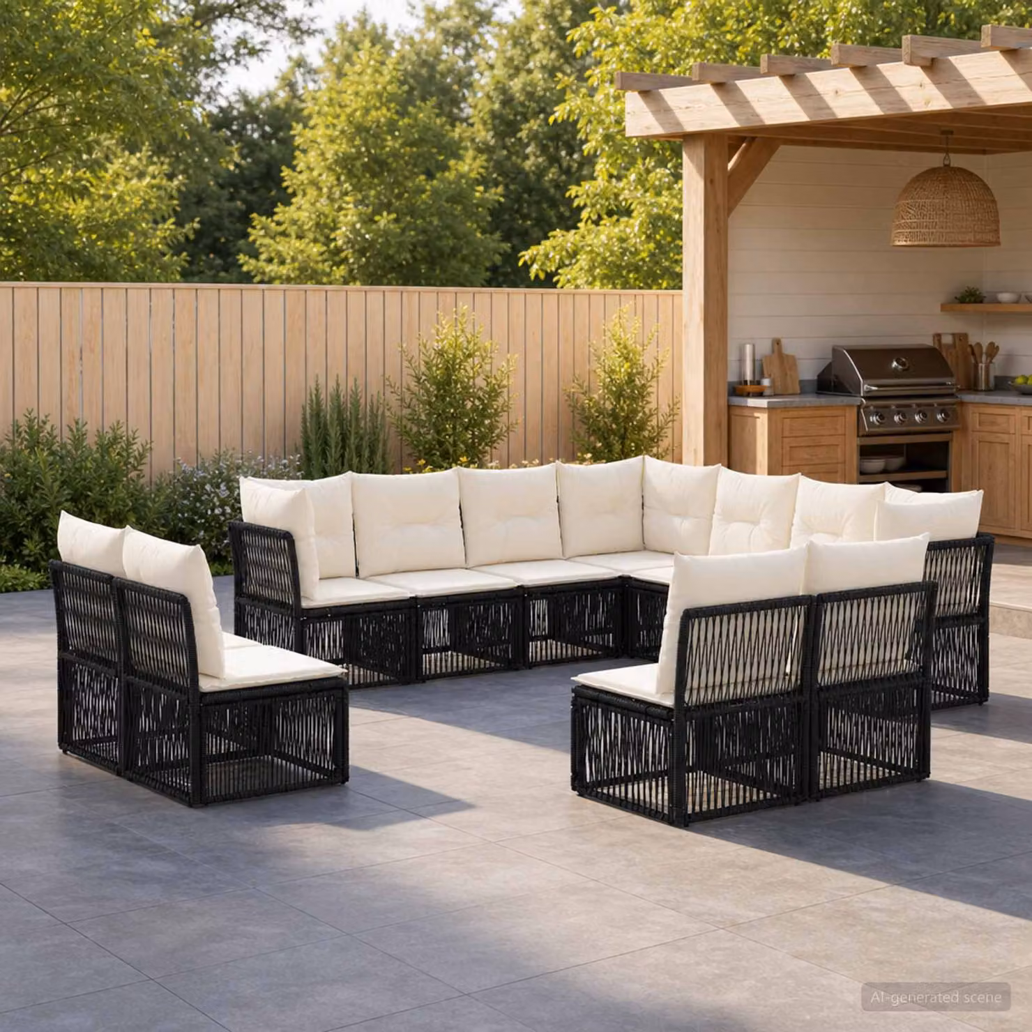 Set Divano da Giardino vidaXL a forma a U in Polyrattan Nero con 11 Pezzi e Cuscini Inclusi