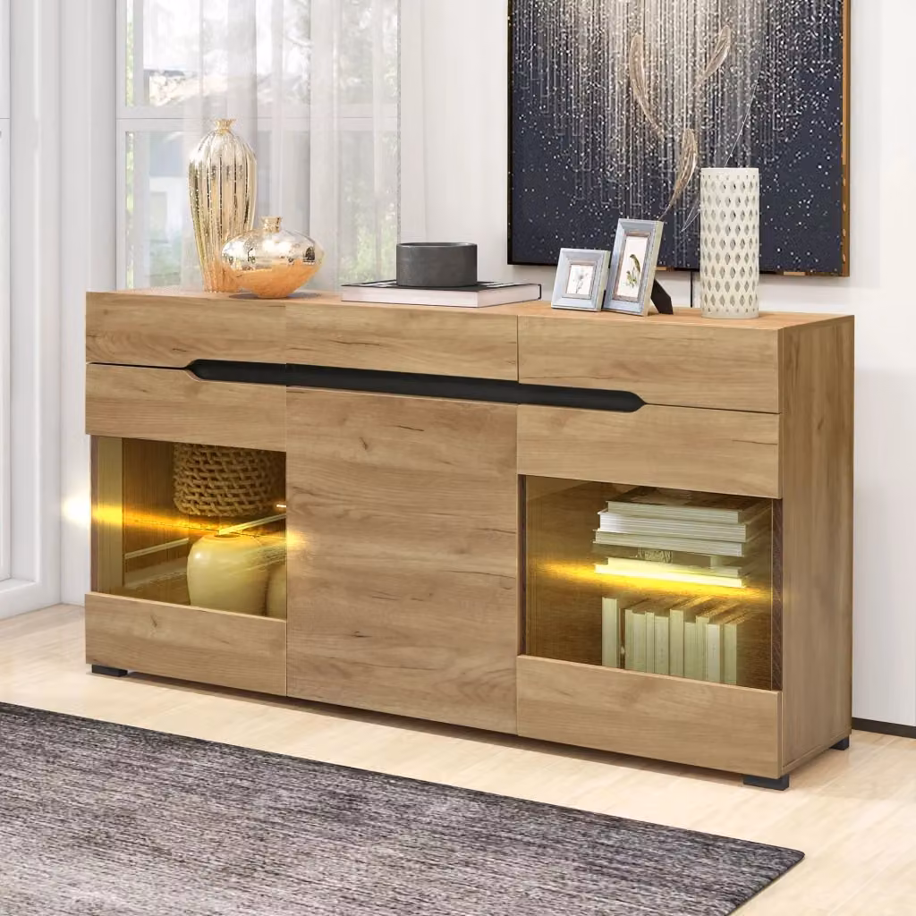 Credenza Mivray in rovere marrone con illuminazione LED integrata, ante in acrilico e 3 cassetti, L: 140 cm, P: 35 cm, H: 80 cm – 2