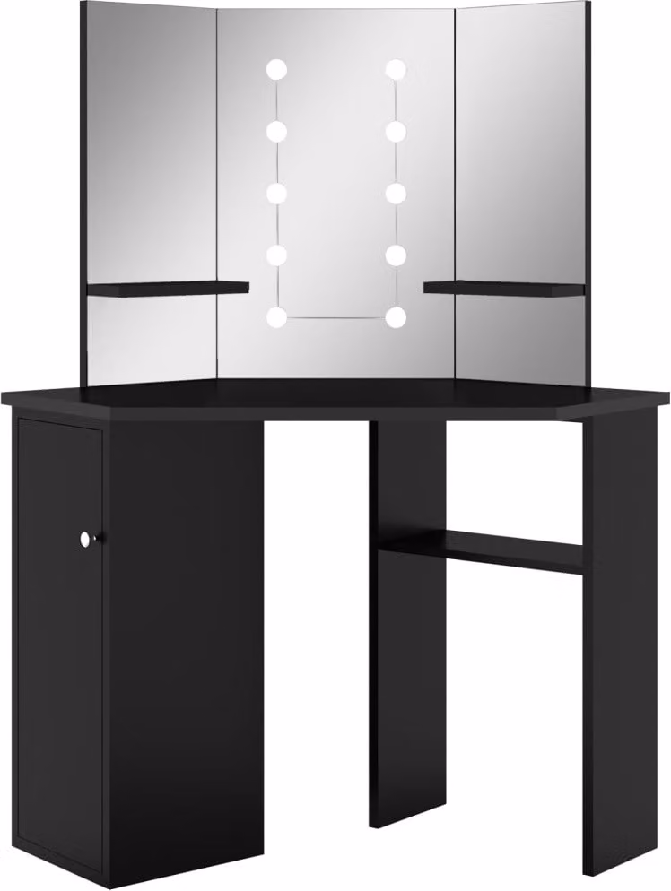 Tavolino da Trucco Angolare con LED Nero 111x54x141,5 cm