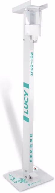 Piantana a pedale per igienizzante con vano porta guanti e dispenser gel METAFORM Mod. Lucy, Bianco, Acciaio e Plastica