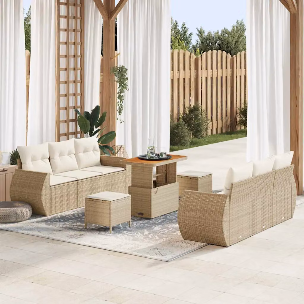 Set Divano da Giardino vidaXL 9 Pezzi Beige con Tavolino e Pouf in Polyrattan e Acciaio – 1