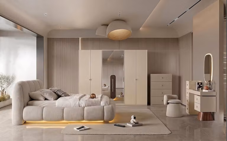 Set per camera da letto: letto, armadio, comodino, tavolino da trucco, specchio da parete, colore beige
