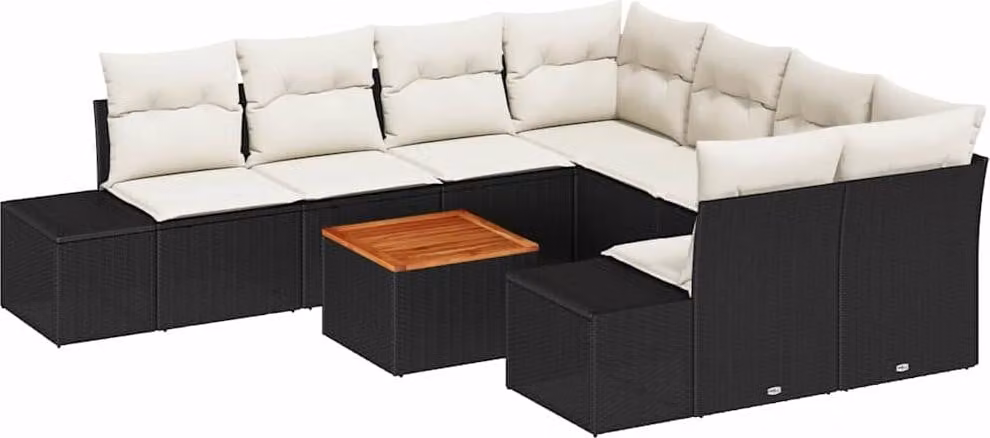 Set Divano da Giardino 9 pcs Nero e Crema polyrattan