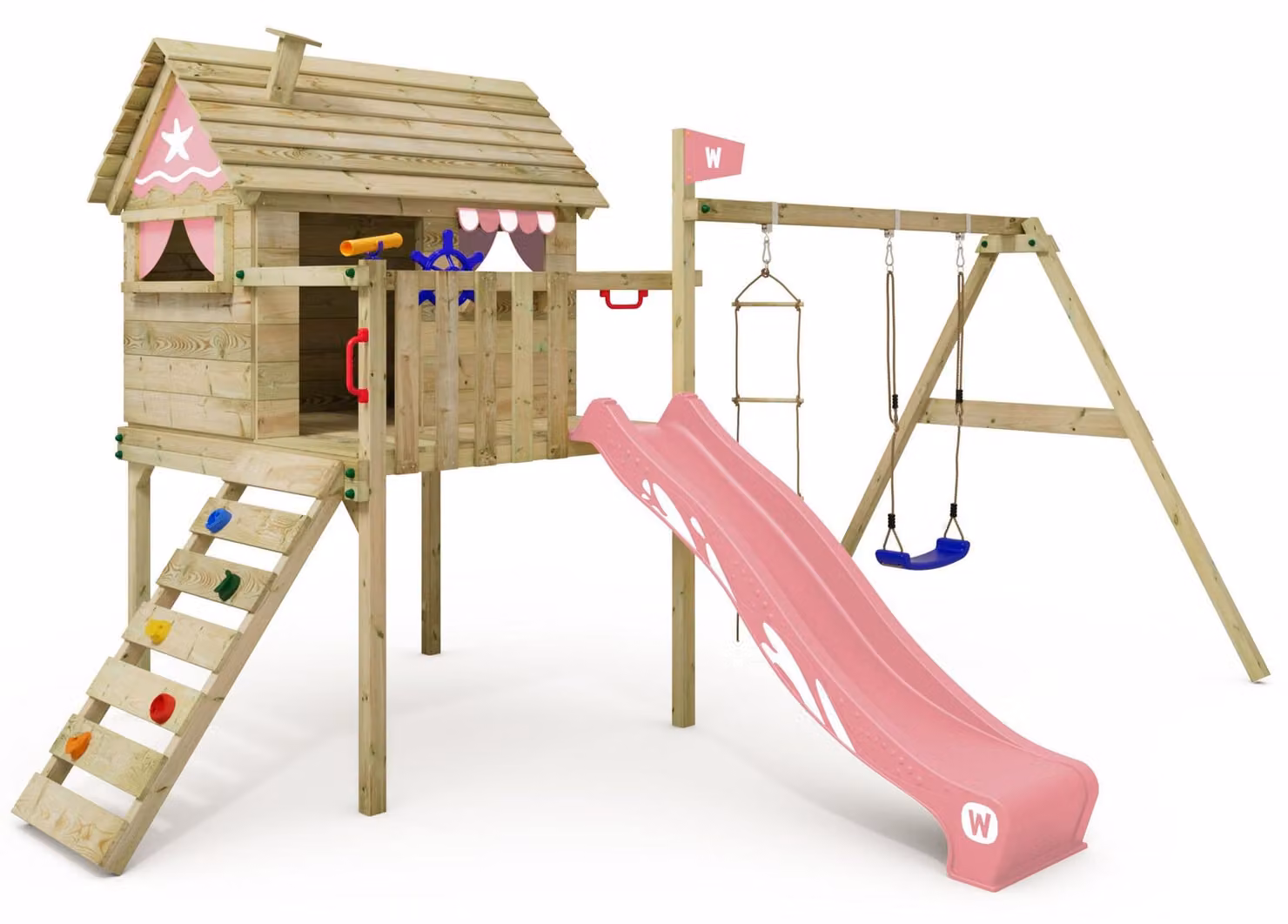 Casa su palafitte Wickey Smart Travel con altalena e casetta da gioco in rosa chiaro