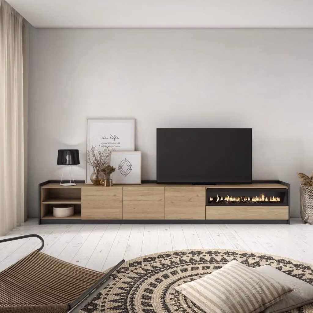 Mobile TV per soggiorno Skraut Home con camino elettrico, Rovere e Nero, L: 310 cm, P: 50 cm, H: 37 cm – 2