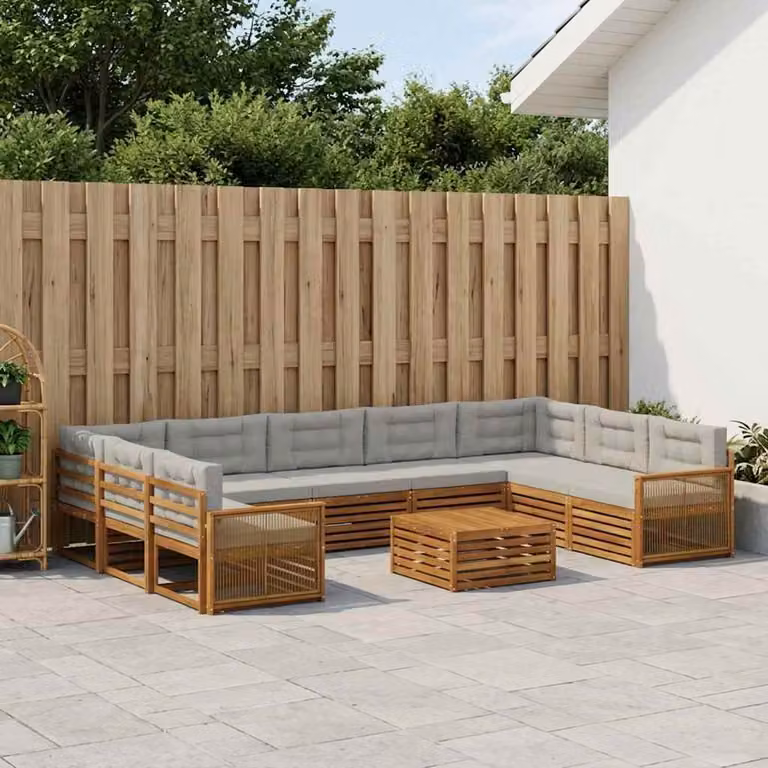 Set di divani da esterno vidaXL in legno di acacia, 10 pezzi, Naturale e Grigio Chiaro