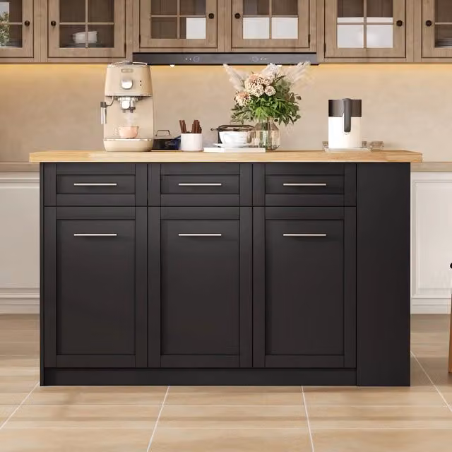 Isola da cucina con tavolo estraibile, 6 cassetti, 3 ante e ripiani regolabili, MDF nero e naturale, 150 × 90 × 90 cm