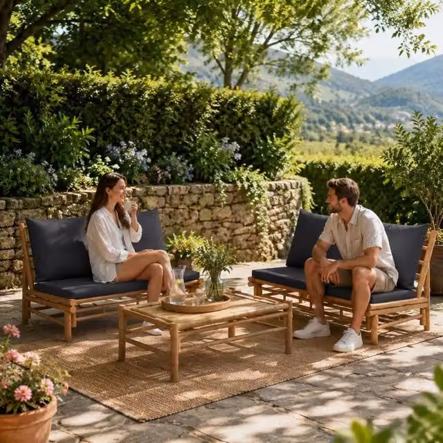 Garden Bench With Dark Grey Cushions, Bamboo