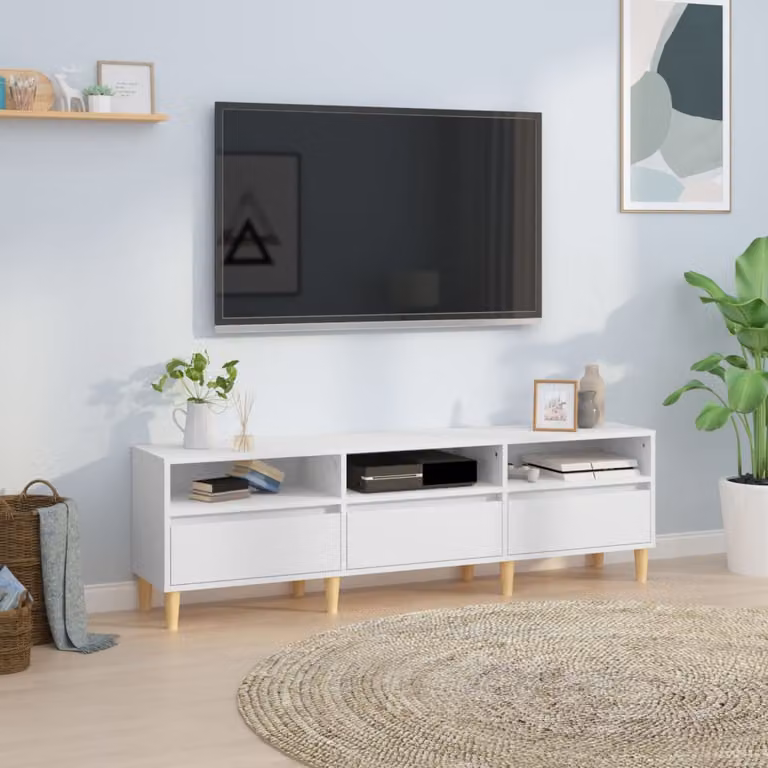 vidaXL Mobile Porta TV Bianco in Legno con Ruote L: 150 cm, P: 30 cm, H: 44,5 cm