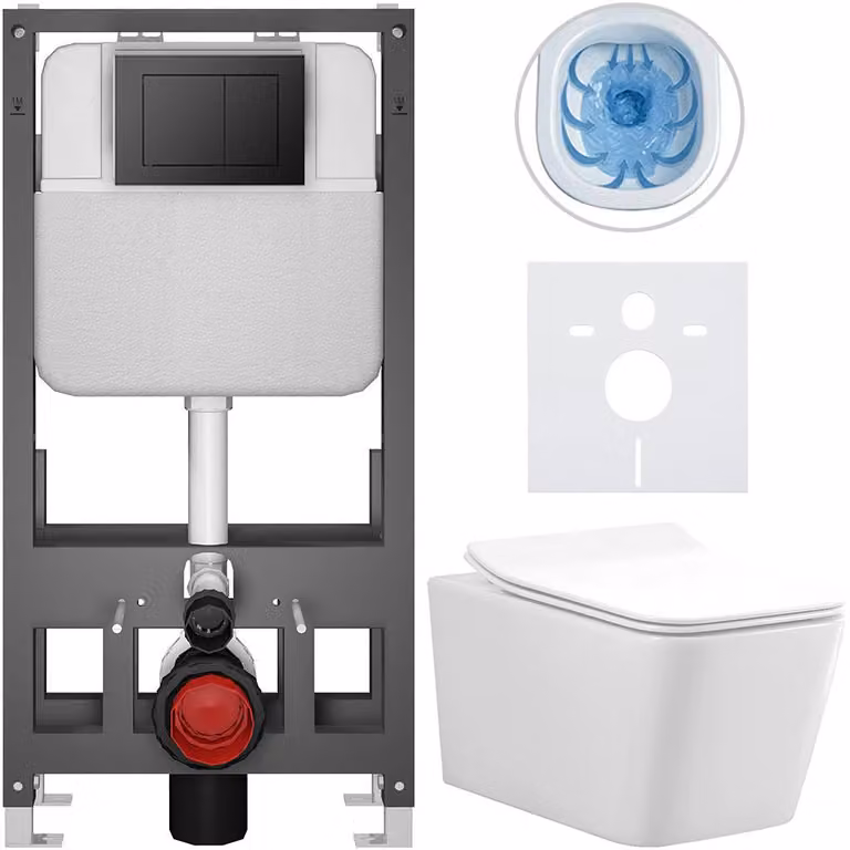 CERANO - Set completo per WC a pavimento Forte - bianco lucido - pulsante Prime/Maxio, nero - da installare a pavimento - adatto per installazione a parete/con pannelli di cartongesso - 51x36 cm