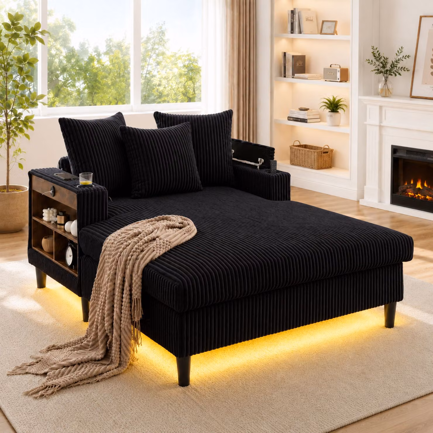 Chaise longue multifunzionale Aosom in velluto nero con illuminazione LED, porta bicchiere e ricarica USB, L/P/H: 170 x 129 x 70 cm – 2