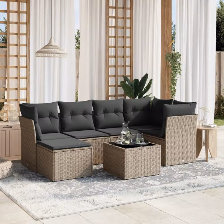 vidaXL Set Divani da Giardino 7pz a Forma di L con Cuscini Grigio con Tavolino e Ottoman in Polyrattan e Metallo