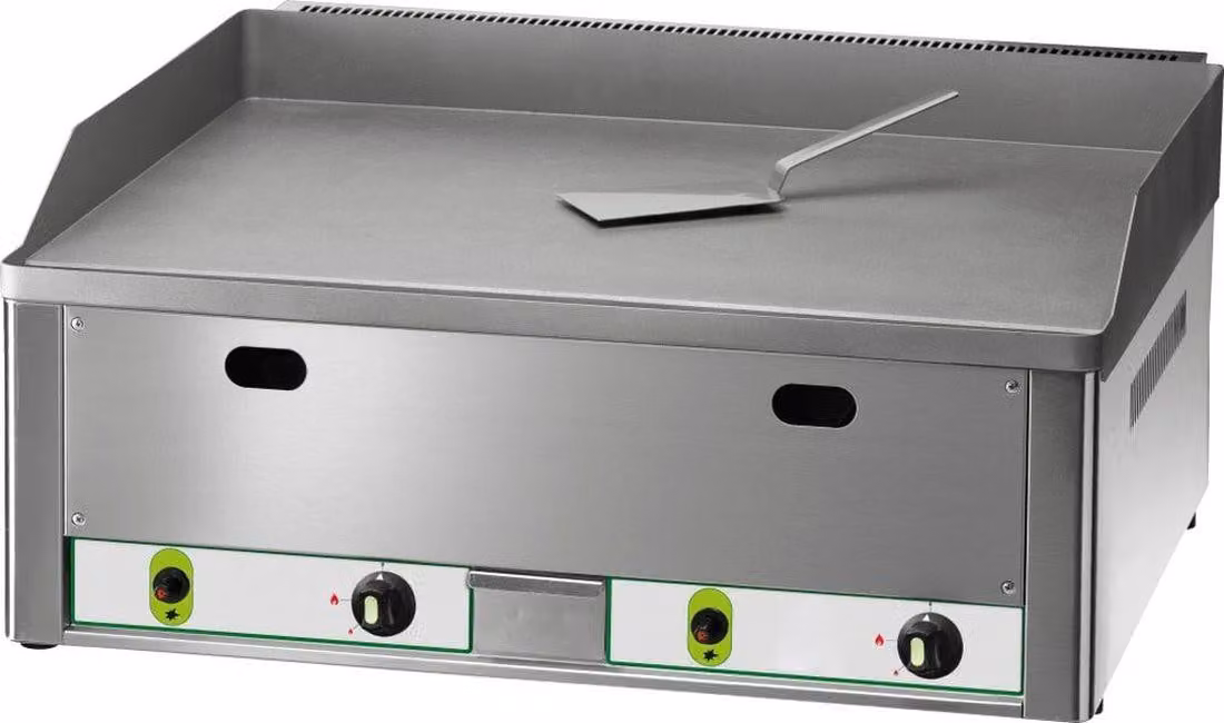 Piastra per grill a gas KBS con 2 zone di riscaldamento, superficie liscia, 2 x 4,0 kW, accensione piezoelettrica, dimensioni 665x600x300 mm.
