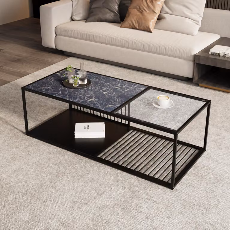 Tavolino da caffè, 110 cm x 48 cm x 35 cm, tavolino in ferro battuto con piano in vetro e ampio spazio di archiviazione - nero