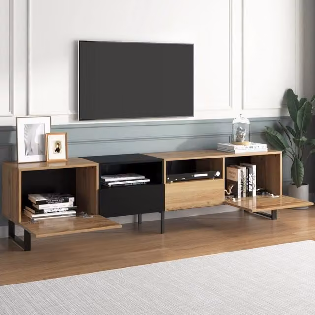 Mobile TV con due ante e due cassetti in MDF nero e legno naturale con bordi in PVC 190 × 38 × 48 cm