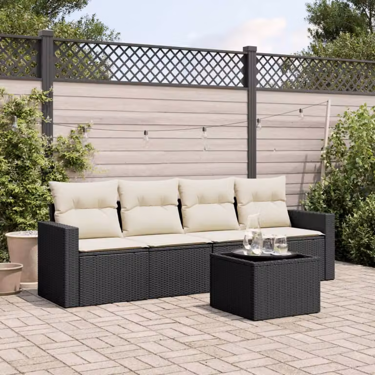 Set Divani da Giardino vidaXL 5 Pezzi con Cuscini e Tavolino, Struttura in Metallo Nero e Polyrattan