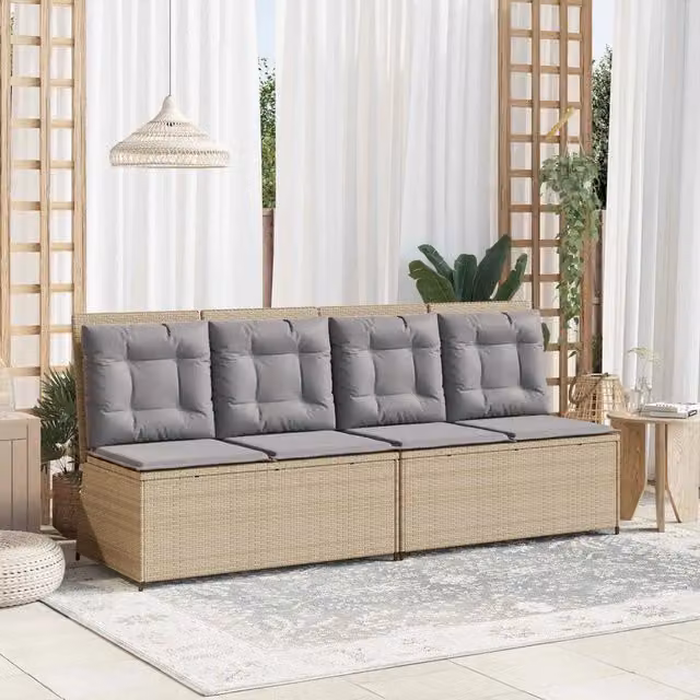 Panchina da giardino moderna vidaXL in rattan e metallo beige e grigia L/P/H: 220 x 110 x 67 cm